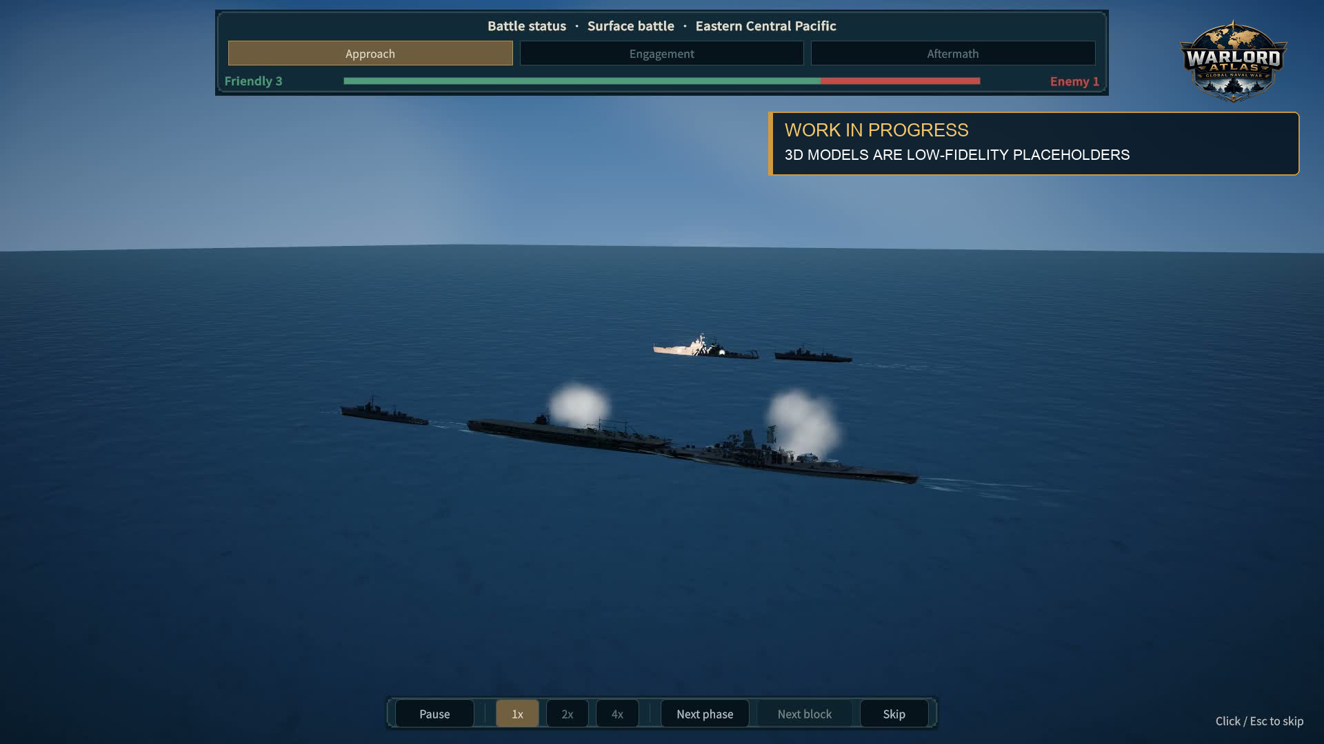 Naval battle in the development build with temporary low-fidelity 3D models