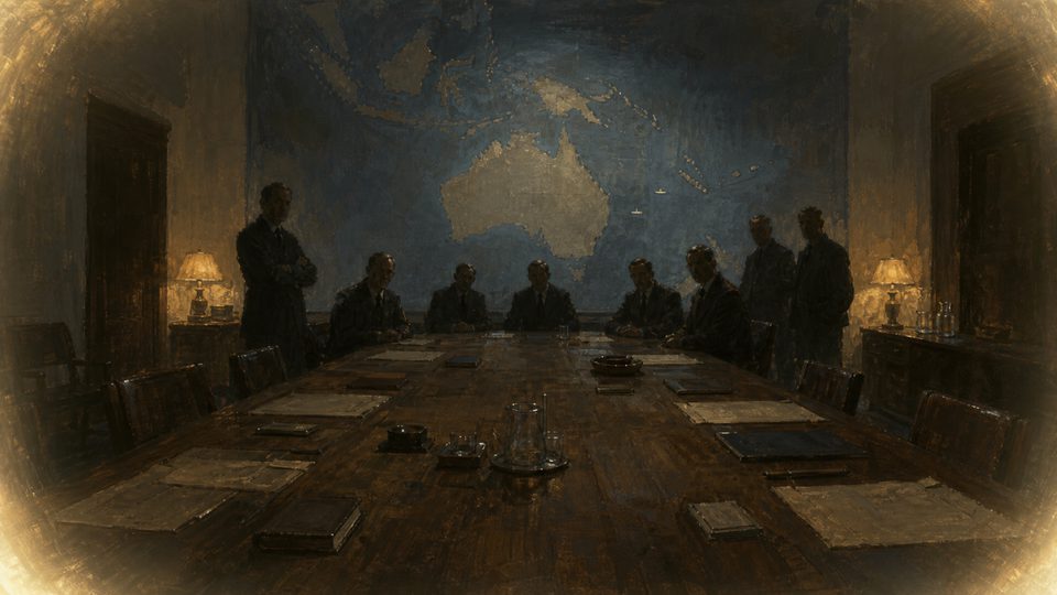 Australia — the glowing arrival descends over the Commonwealth defense council (development art)