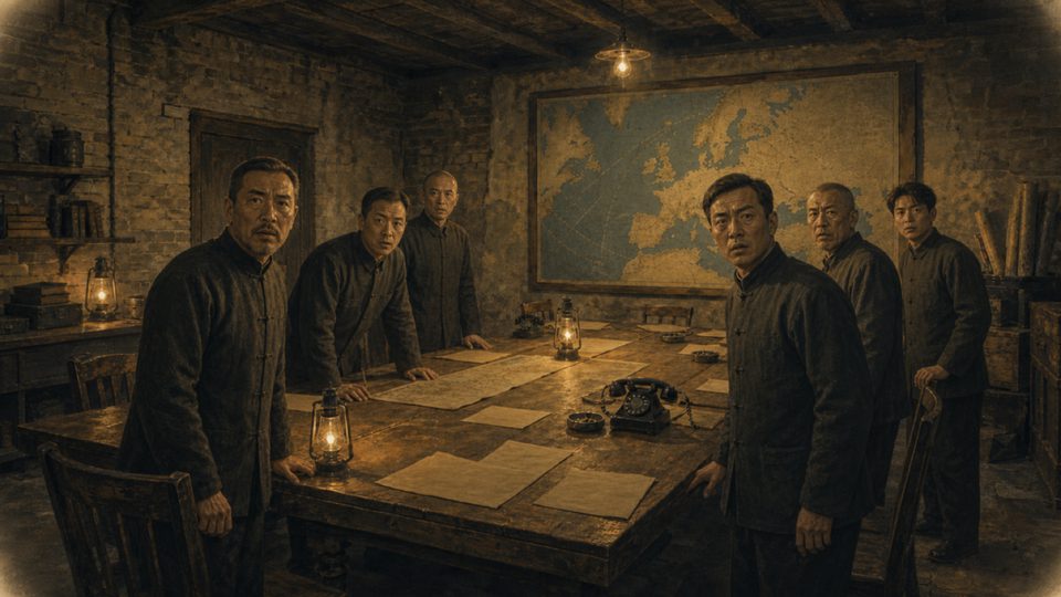China — the glowing arrival descends over the wartime-capital council room (development art)