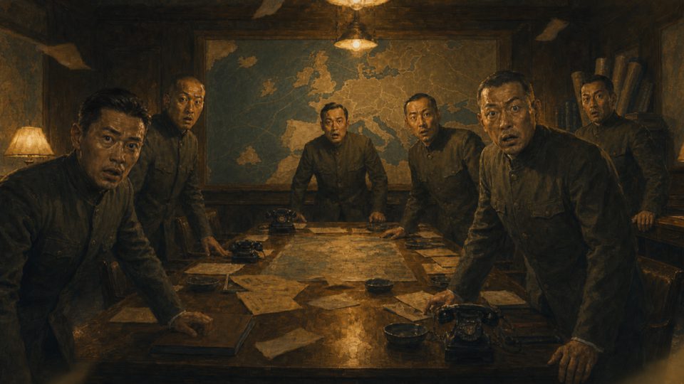 Japan — the glowing arrival descends over the underground council room (development art)